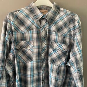 Wrangler Mens 2XL Plaid Western Snap Shirt Grey Blue Long Sleeve WM126GY